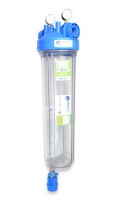 Atlas Filtri DP BIG S M 20" MONO - 1” NPT IN TS - Blue/Clear Housing with Drain Kit and IN/OUT Pressure Gauges
