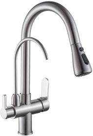 Wanfan Luxury Pull Down Kitchen Triple Faucet for Hot, Cold & RO Filtered Water | Brushed Nickel Finish