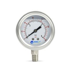 WECO 0-130 PSI (0-9 Bar) Glycerin Liquid Filled Pressure Gauge, 2.5" (63 mm) Dial Size, 1/4" NPT Bottom Mount, Stainless Steel