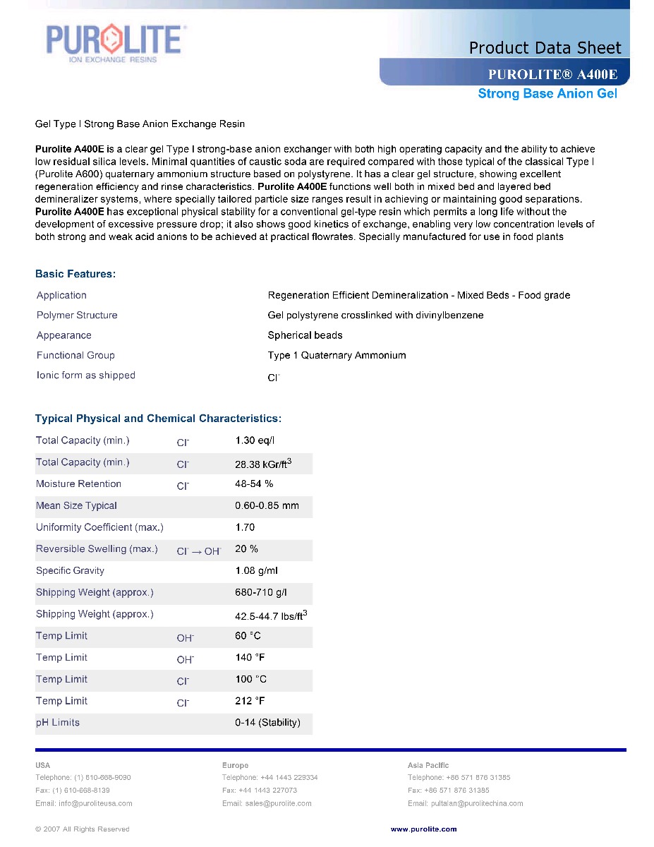 Purolite A400E Resin for WECO Filters