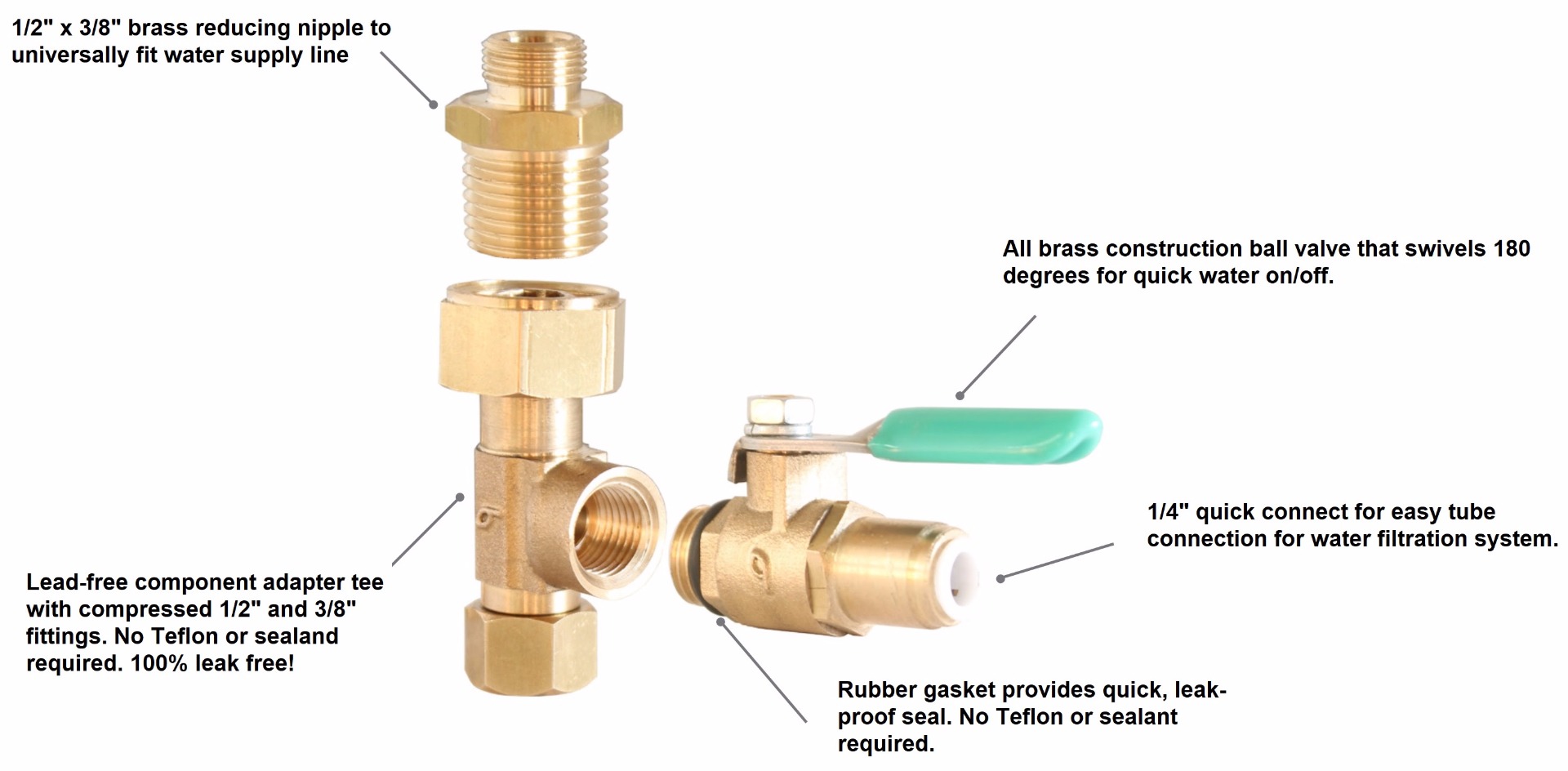 Brass EZ RO Water Filtration Supply Adapter with 3/8 QC Ball Valve